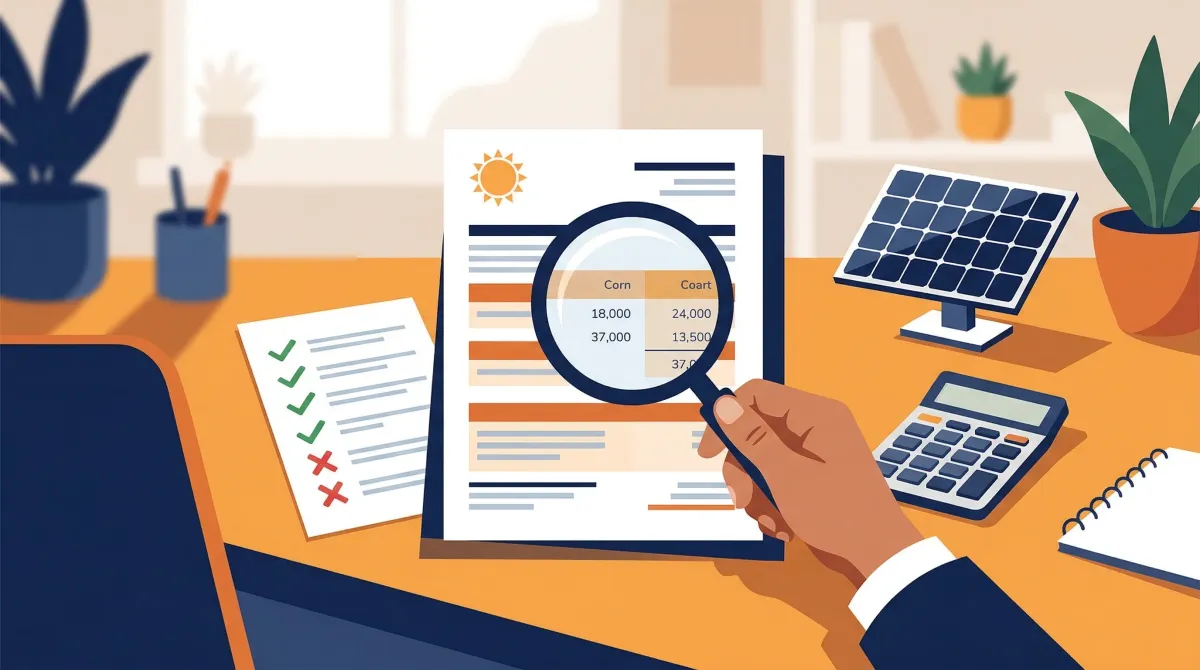 Solar quote review checklist with magnifying glass on proposal documents