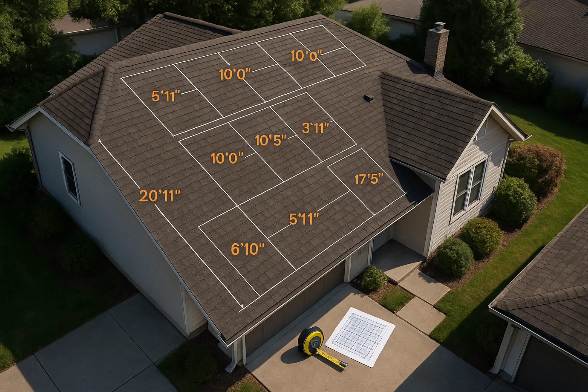 Aerial view of residential roof with solar panels and measurement overlay