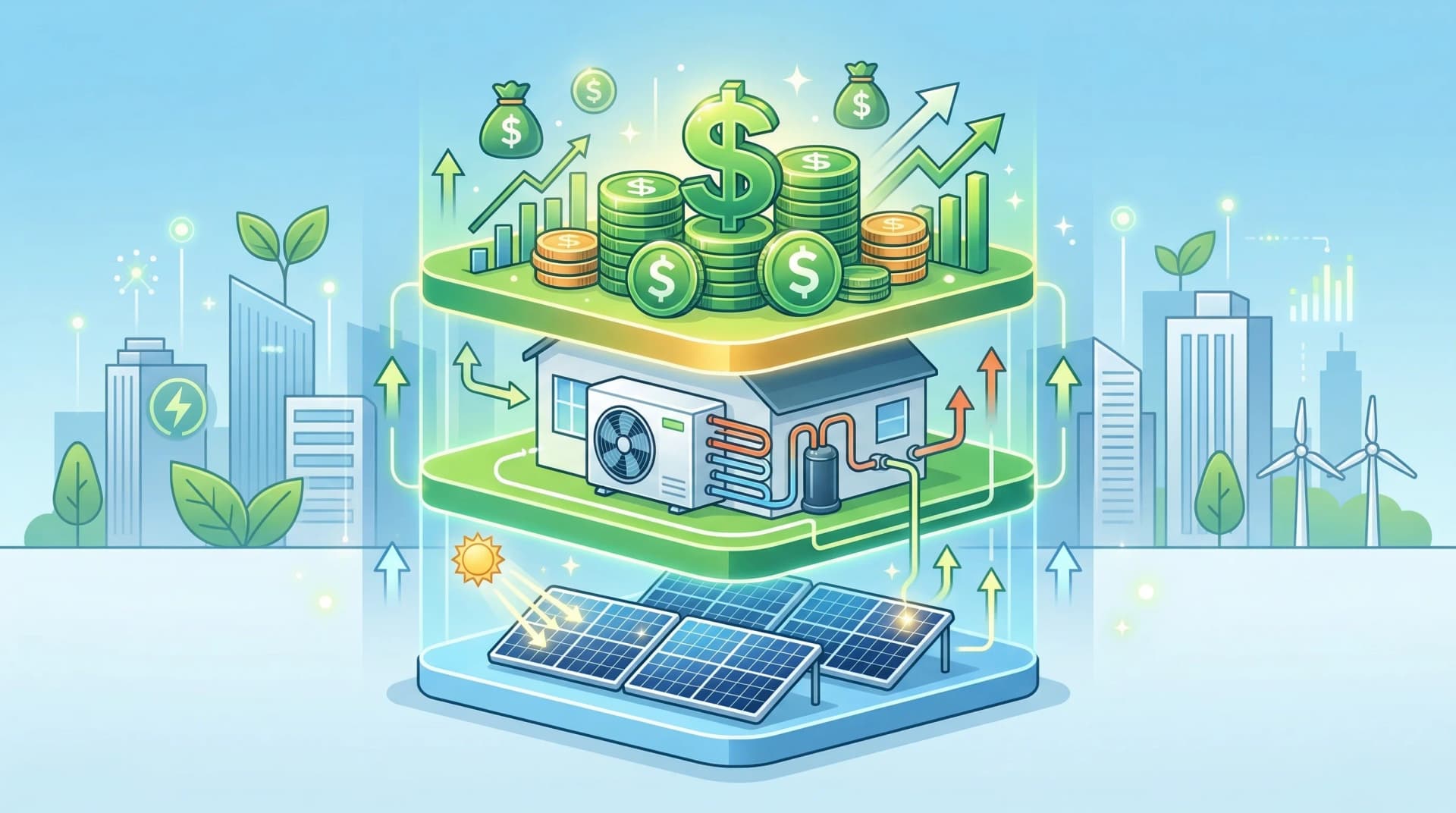 Stacked layers showing solar panels, heat pumps, and savings representing incentive stacking