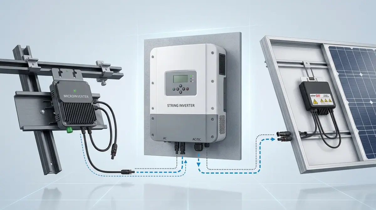 Three solar inverter types compared: microinverter, string inverter, and power optimizer side by side