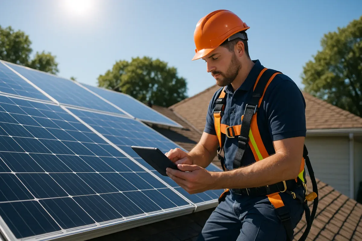 Technician inspecting solar panels on a residential roof with monitoring app