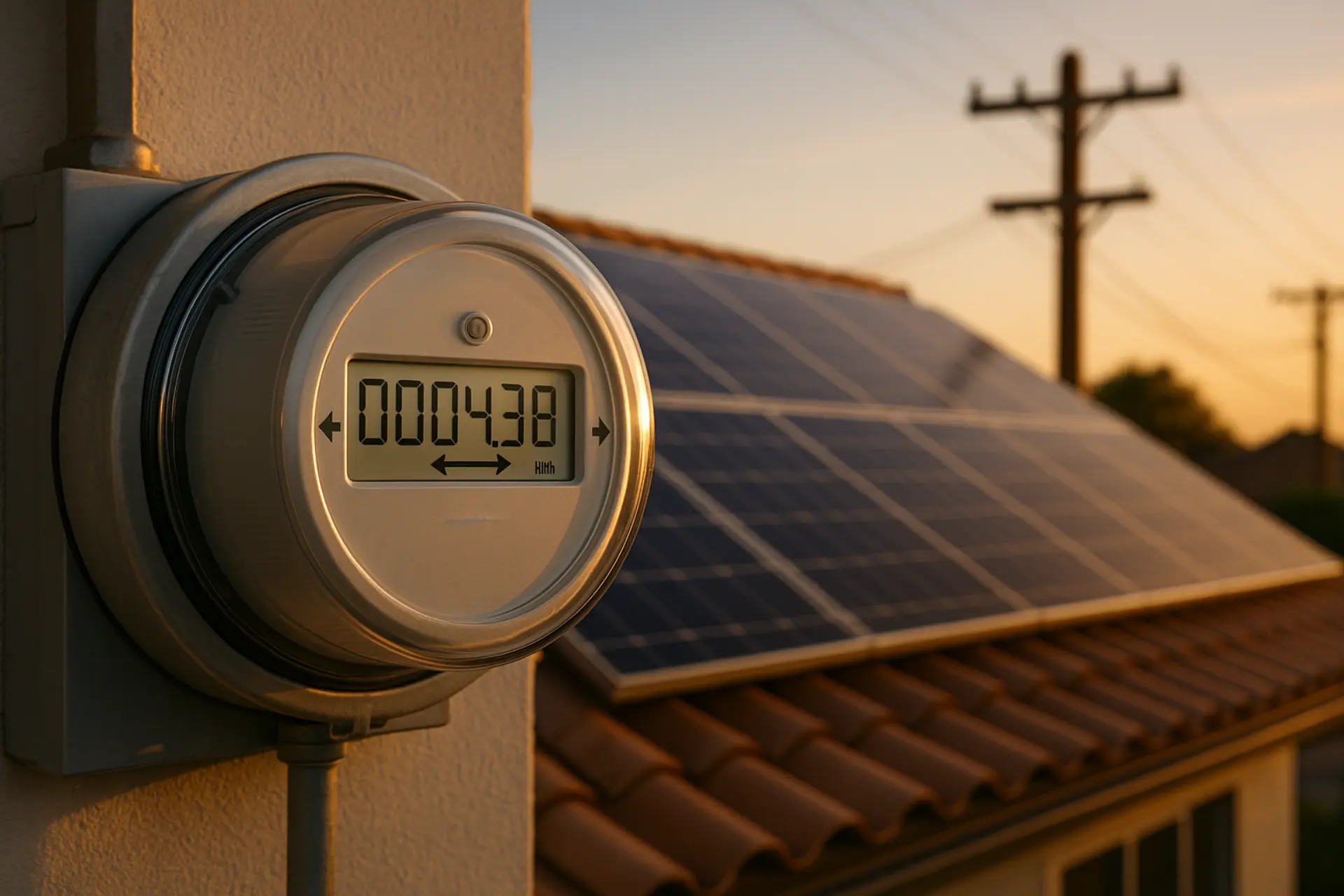 Electric meter running backwards with solar panels in the background