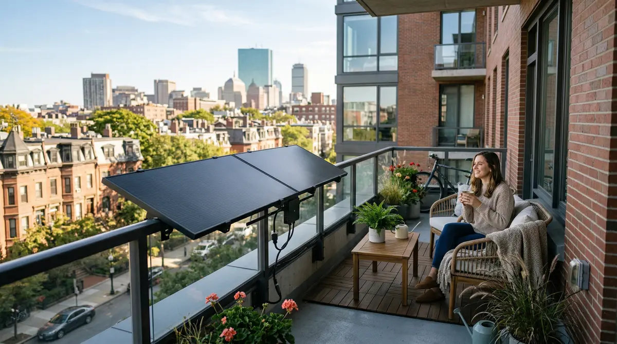 Urban apartment balcony with compact solar panels representing plug-in solar