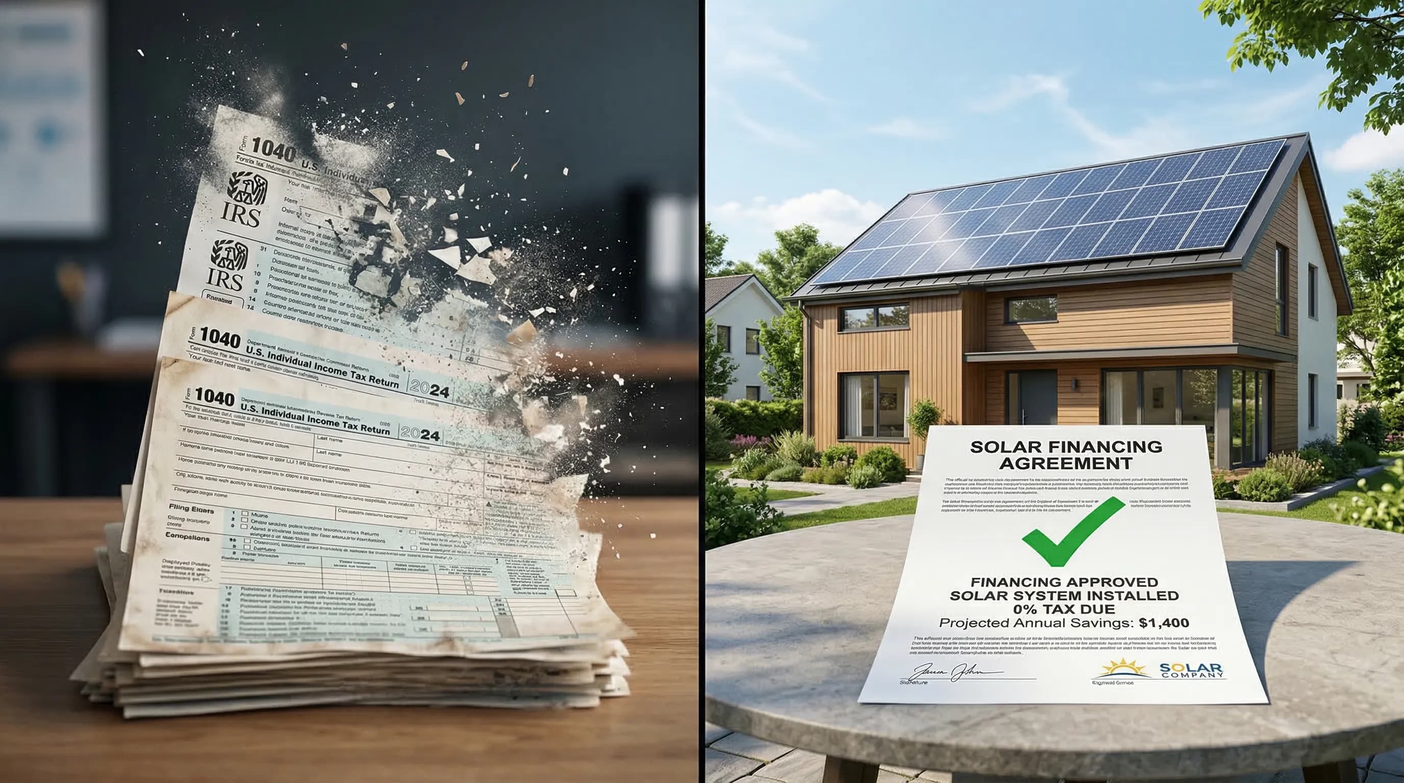 Modern home with solar panels and financing agreement concept