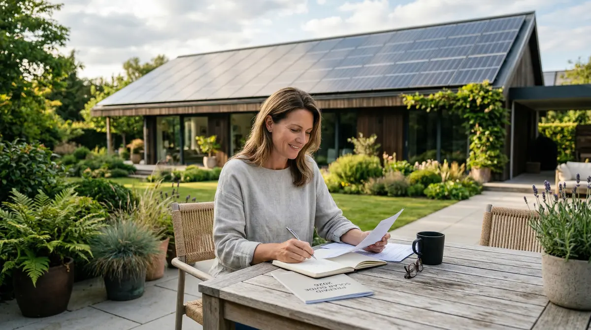 Homeowner comparing prepaid solar lease options with rooftop solar in the background