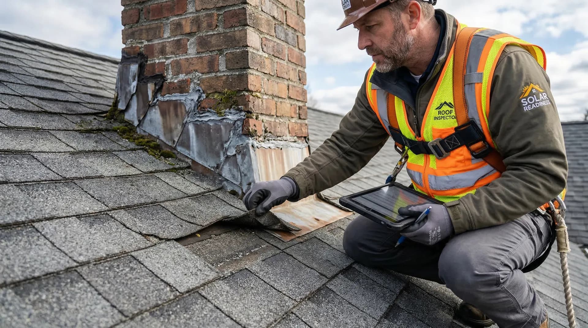 Roof inspector examining shingle condition and flashing for solar panel readiness