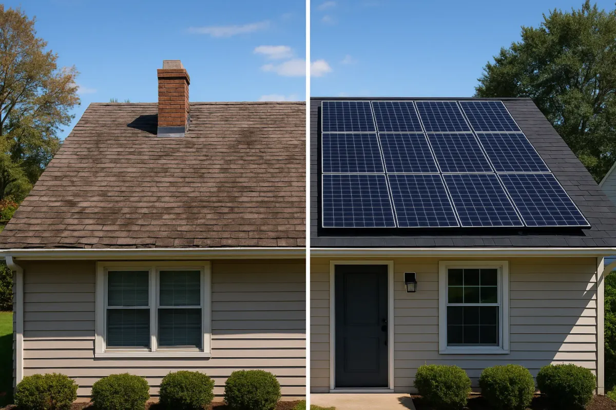 House split view old roof vs solar