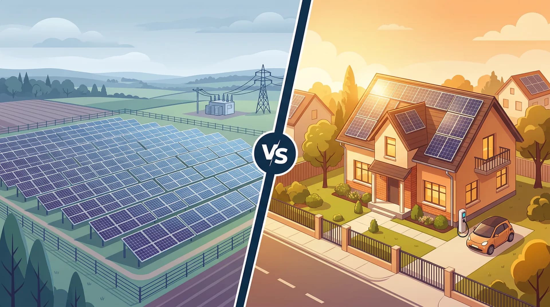 Side-by-side comparison of rooftop solar ownership versus community solar subscription showing cost, savings, and ownership differences