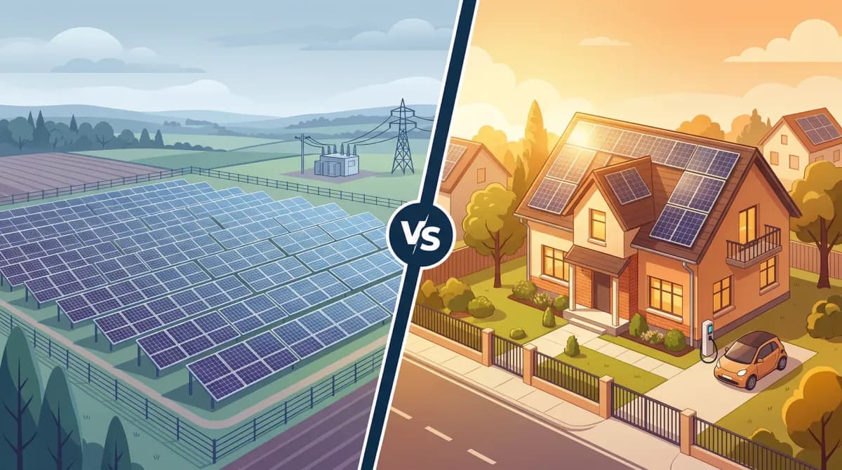 Side-by-side comparison of rooftop solar ownership versus community solar subscription showing cost, savings, and ownership differences