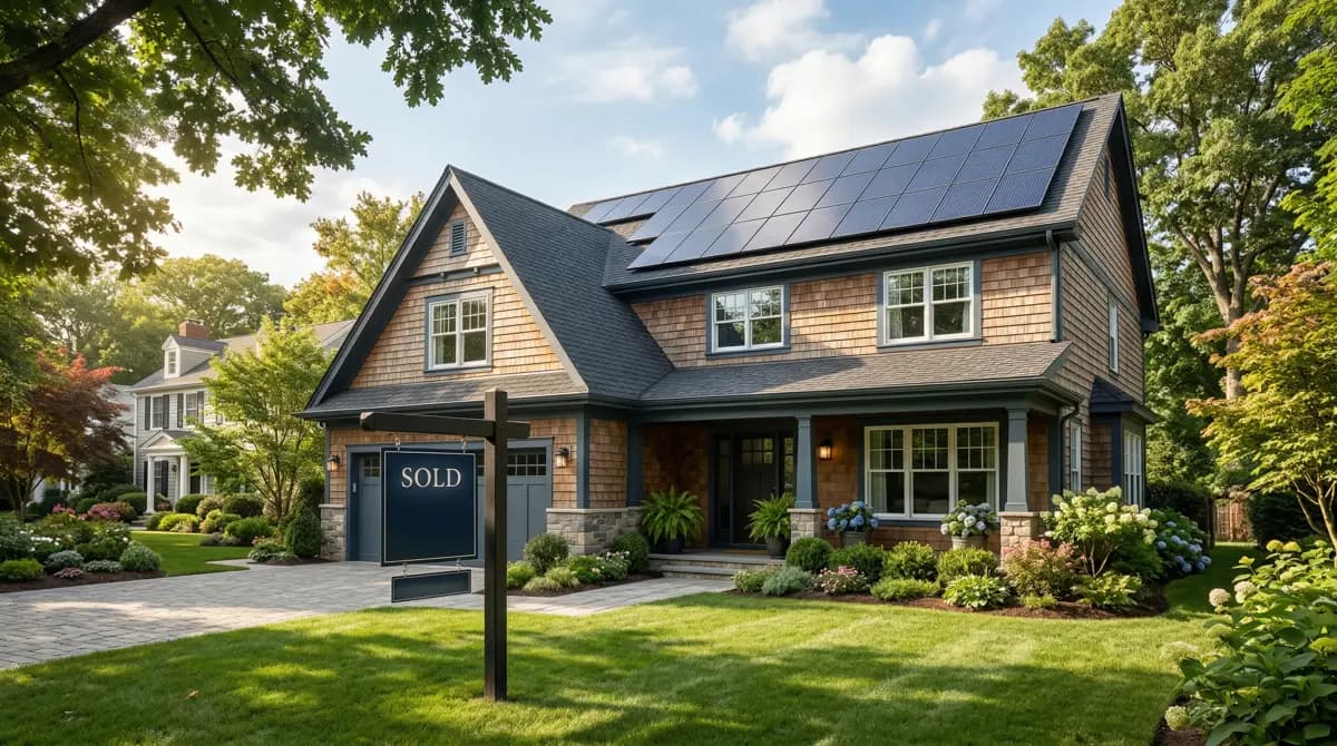Modern home with rooftop solar and sold sign representing a house sale with a solar lease