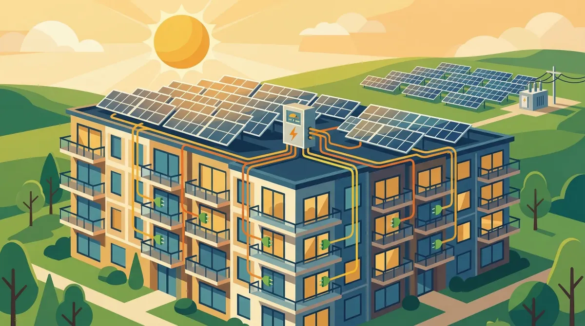 Community solar farm connected to apartment buildings illustration