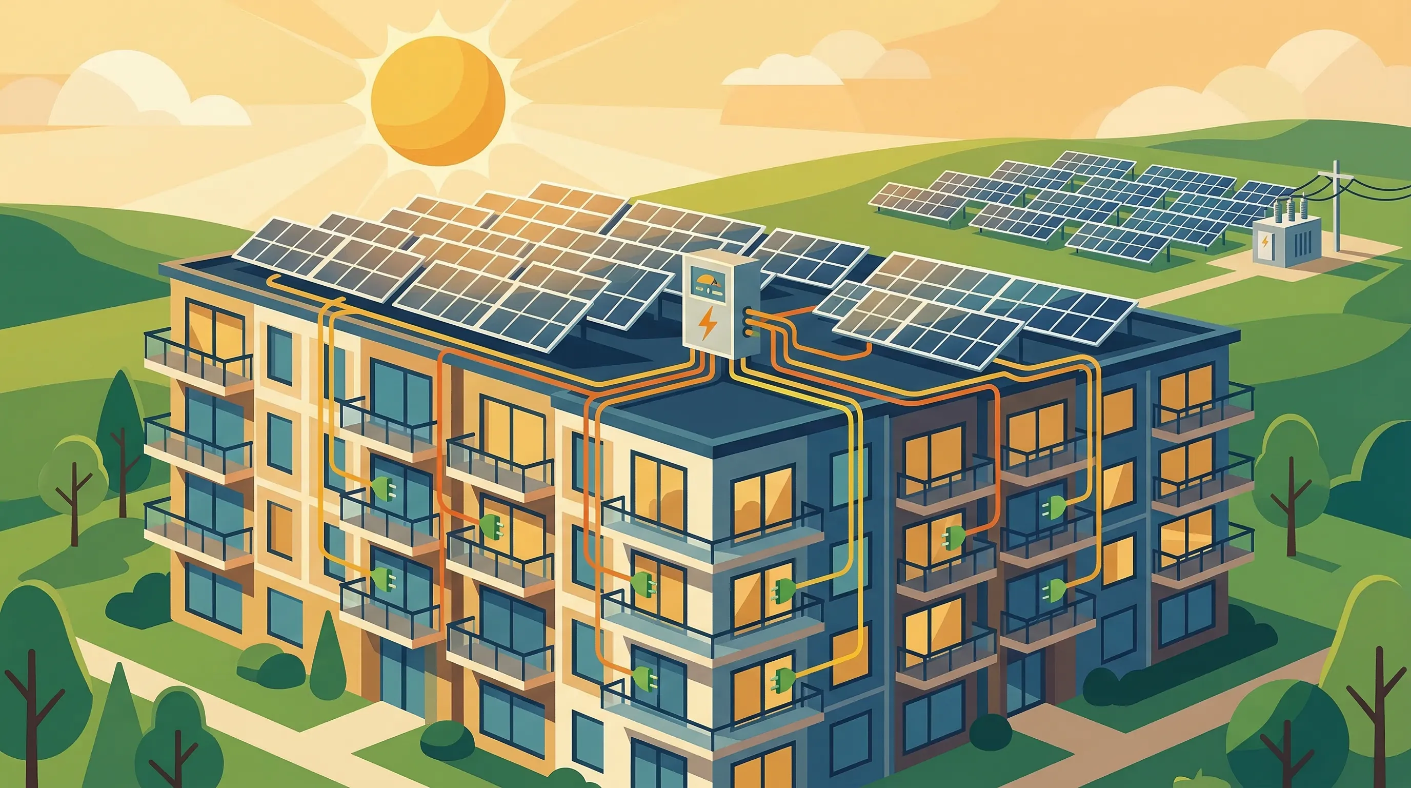 Community solar farm connected to apartment buildings illustration
