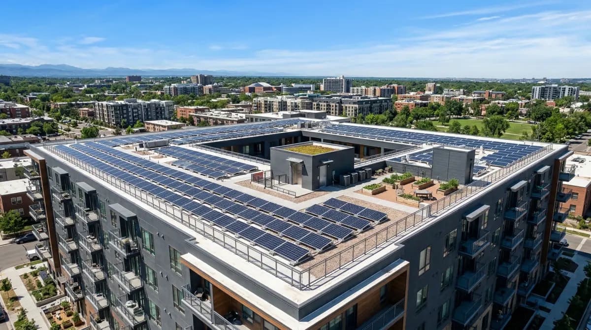 Community solar panels on apartment building rooftop with blue sky