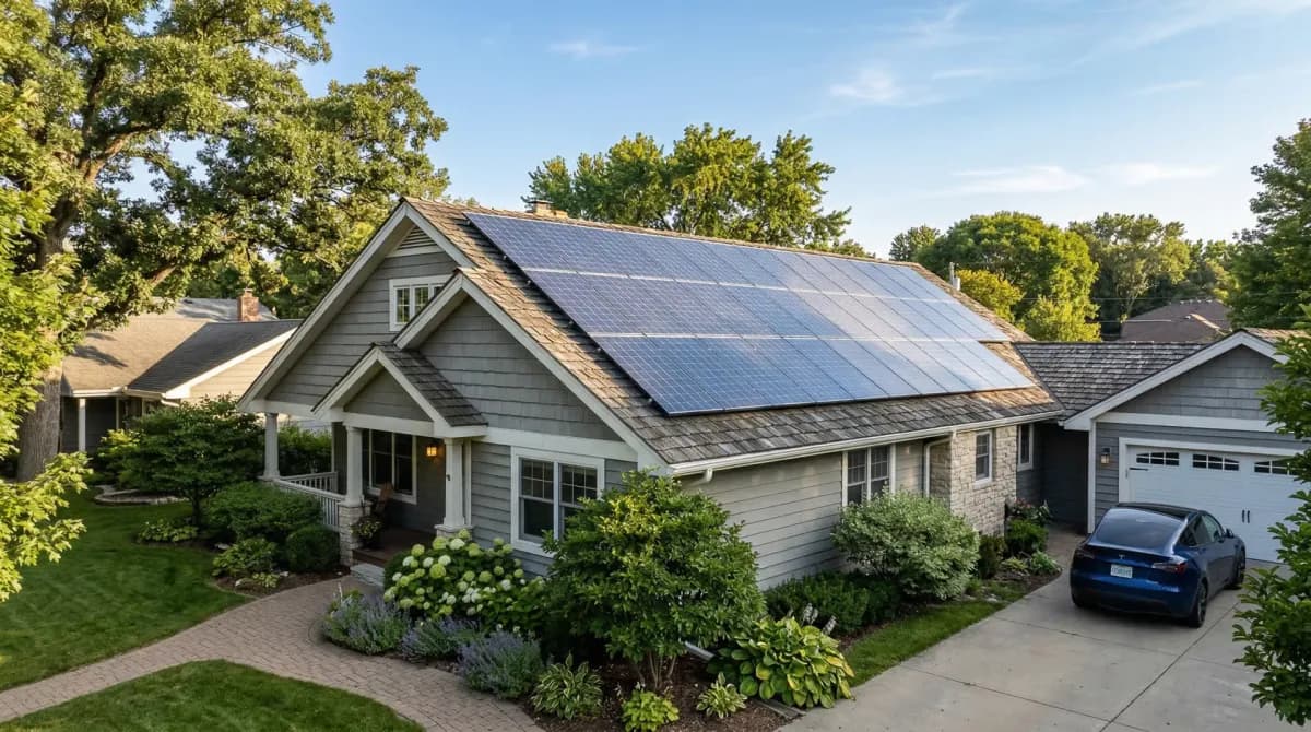 Residential solar panel array on a well-maintained suburban home, demonstrating decades of reliable solar energy production