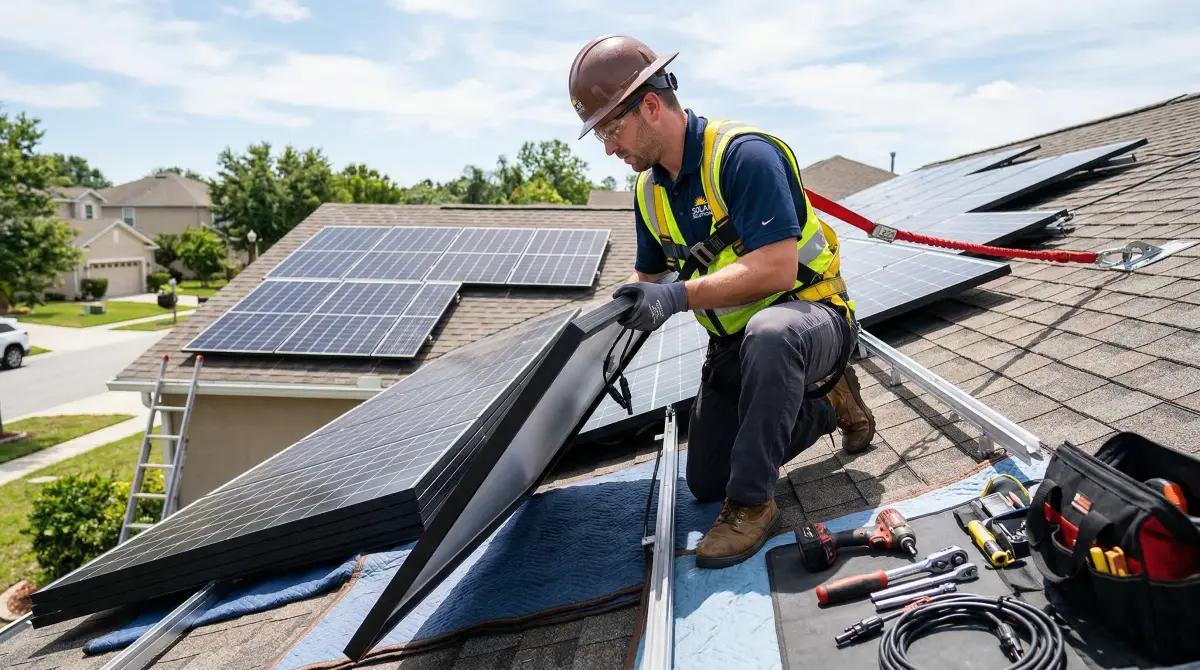 Professional solar technician removing solar panels from a residential roof