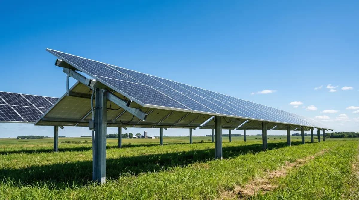 Bifacial solar panels on an elevated ground-mount system with light reflecting off the ground surface to the panel undersides