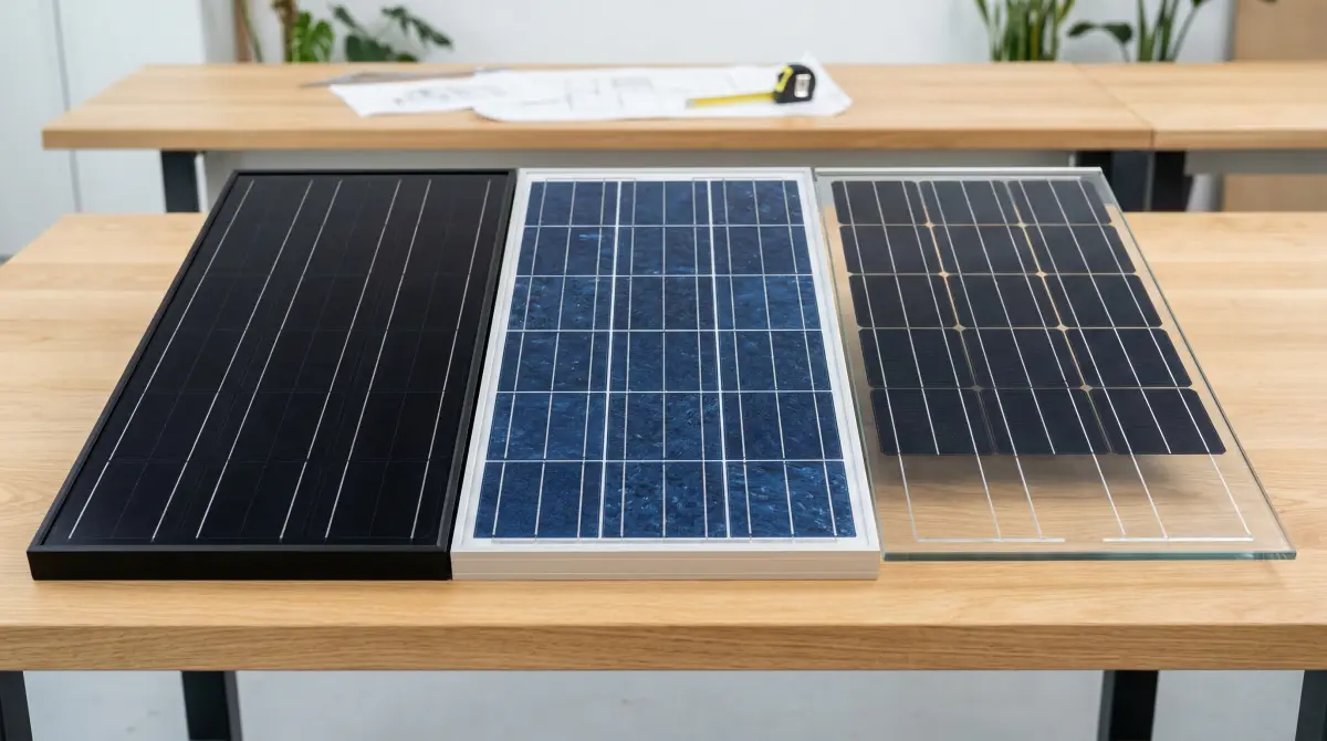 Side-by-side comparison of monocrystalline, polycrystalline, and bifacial solar panel types