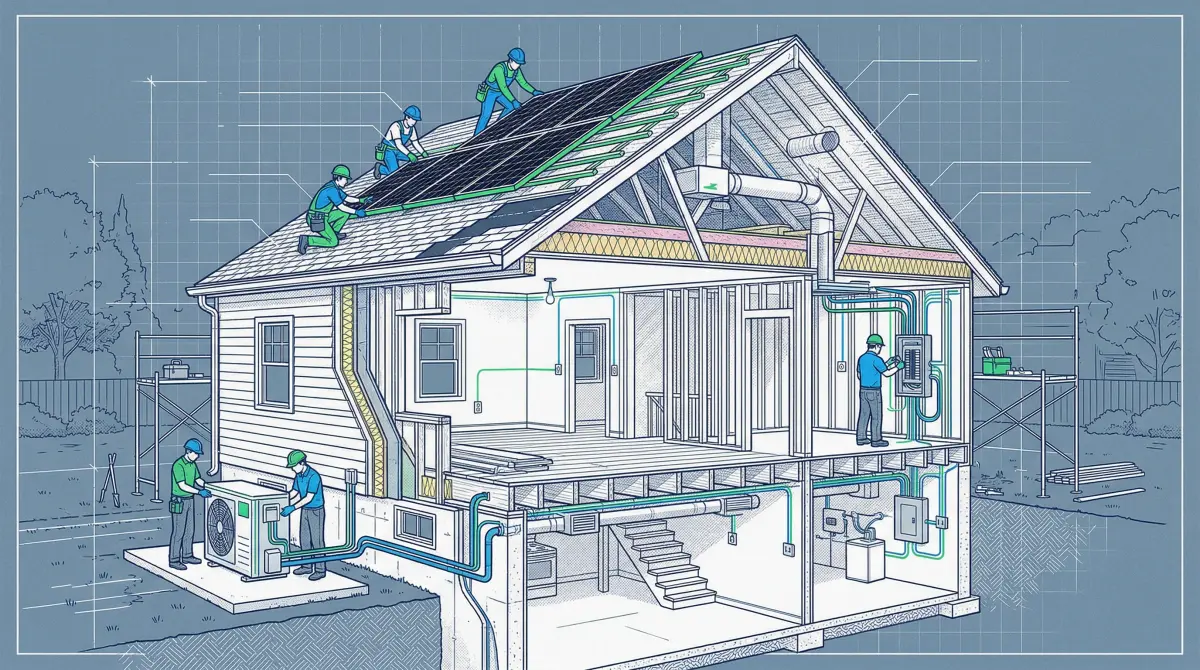 House cross-section showing renovation with solar panels, heat pump, and insulation