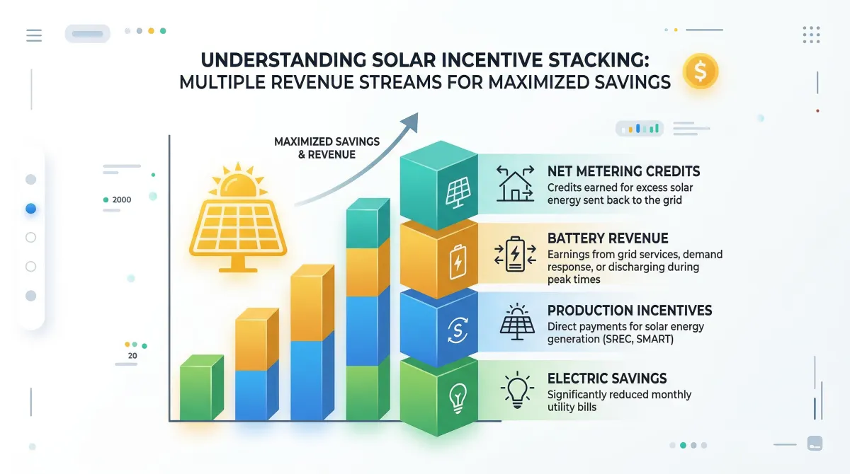 Illustration showing stacked solar incentive income streams including electric savings, production payments, battery revenue, and net metering credits