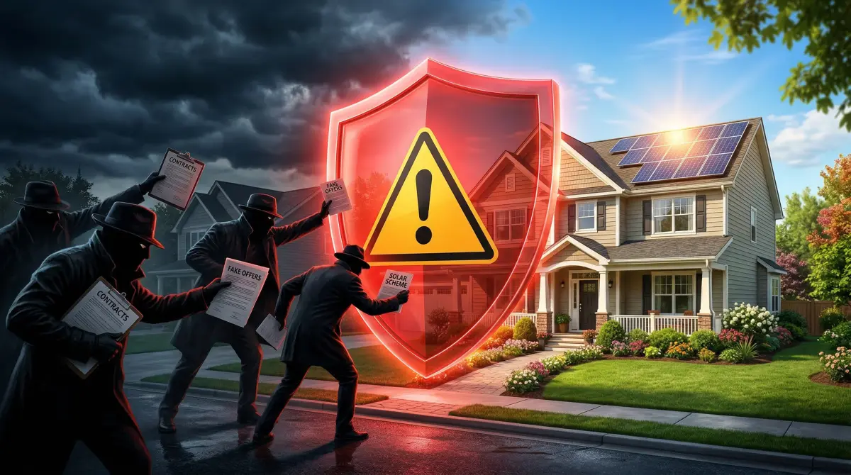 Warning shield protecting homeowner from solar scam red flags