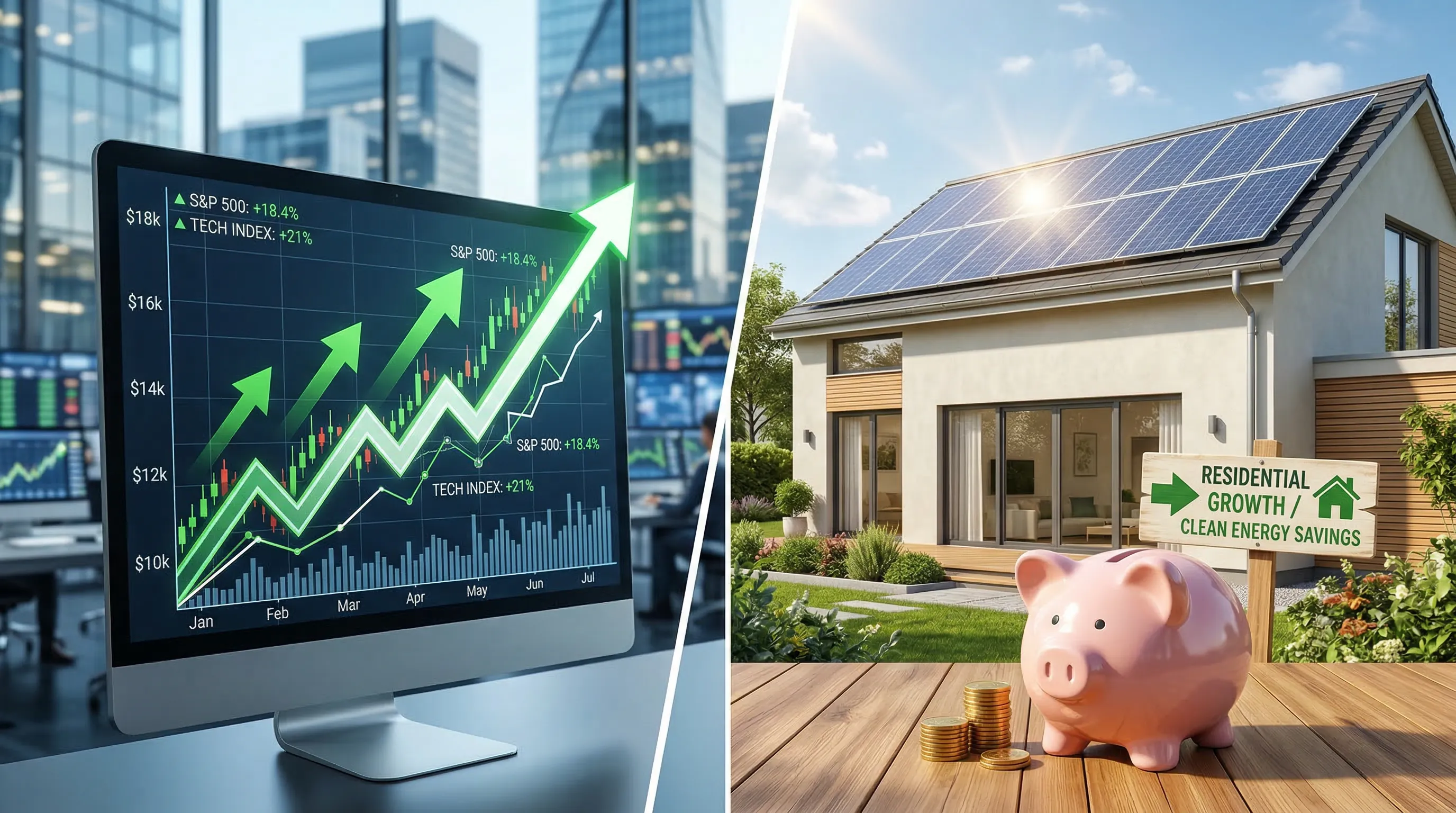 Split comparison of stock market charts and solar panels on a home