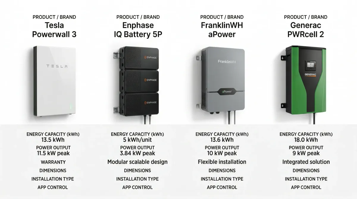 Four home battery systems side by side — Tesla Powerwall 3, Enphase IQ Battery 5P, Franklin WH, and Generac PWRCell