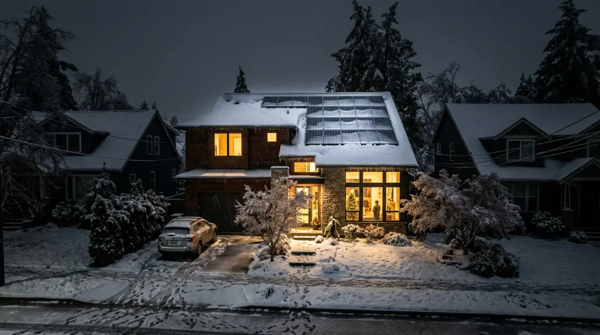 House with lights on during a winter power outage, powered by solar and battery backup