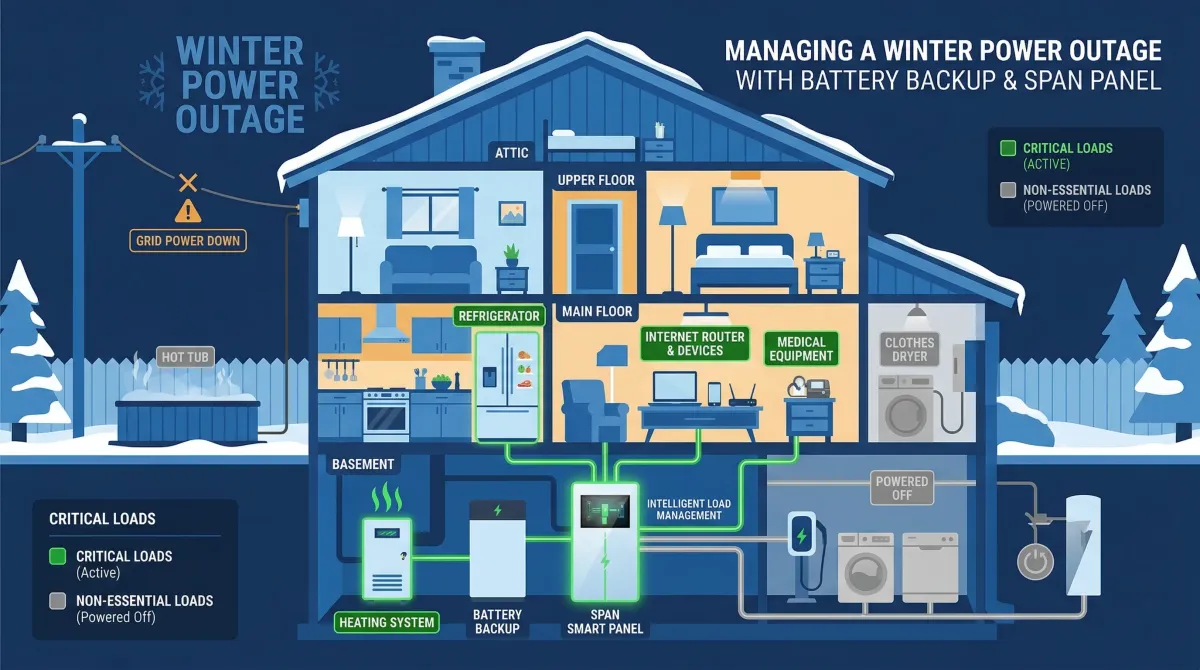 House cross-section showing critical loads powered by battery backup during a winter outage