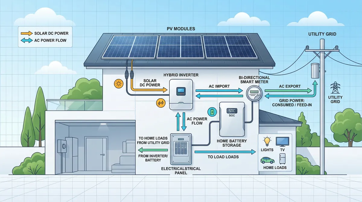 Home battery storage system diagram showing solar to inverter to battery to home to grid power flow