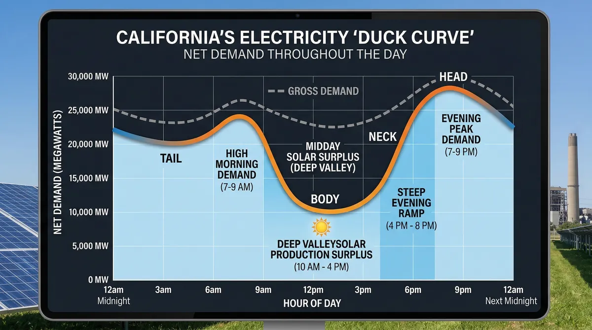 The duck curve showing midday solar surplus creating a valley in net demand followed by steep evening ramp