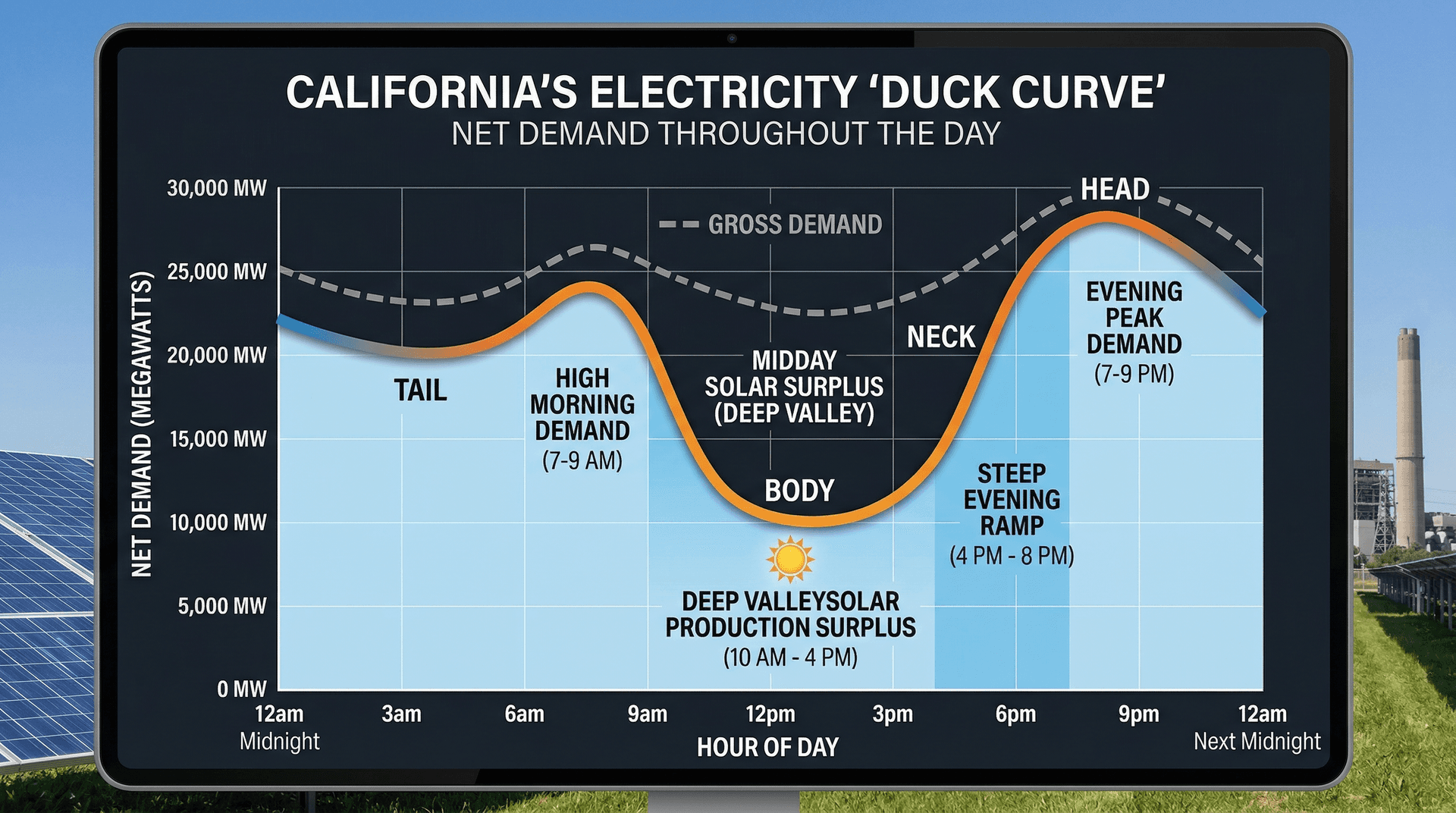 The duck curve showing midday solar surplus creating a valley in net demand followed by steep evening ramp