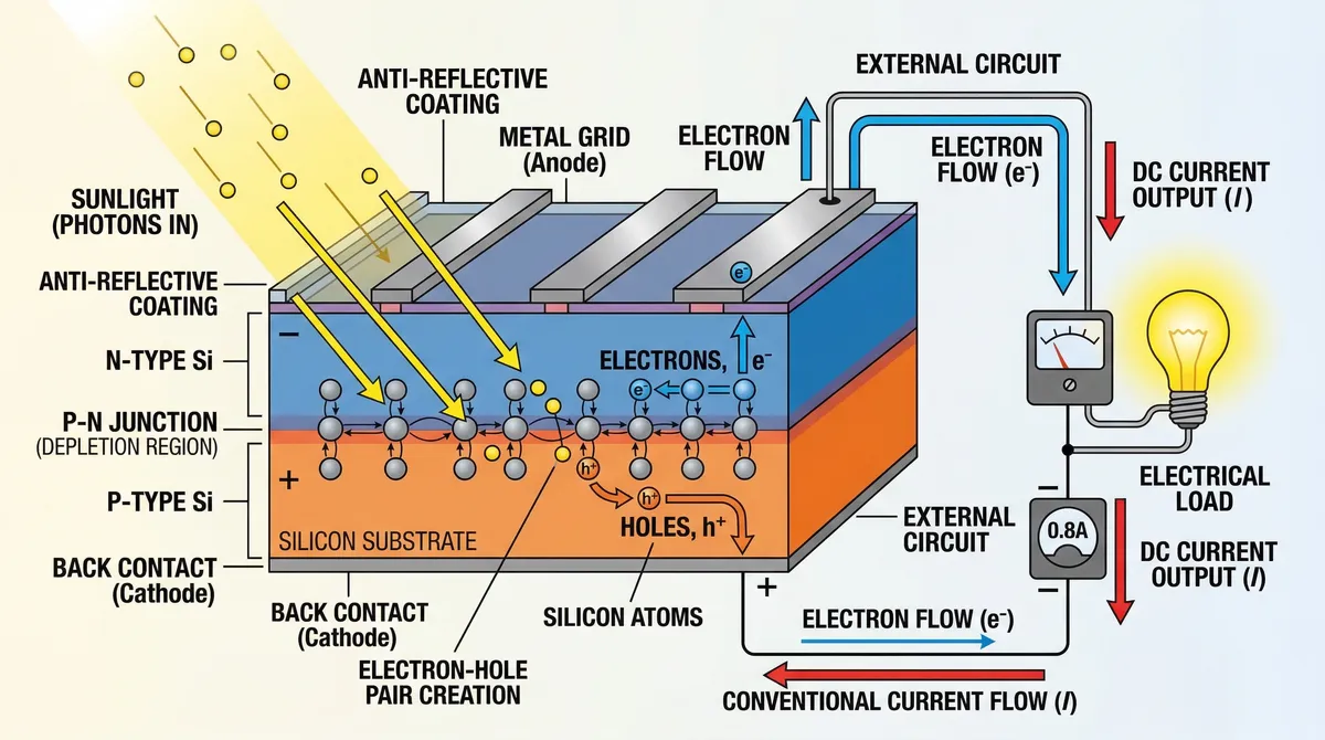 Diagram showing how solar panels convert sunlight to electricity: panels to inverter to meter to grid