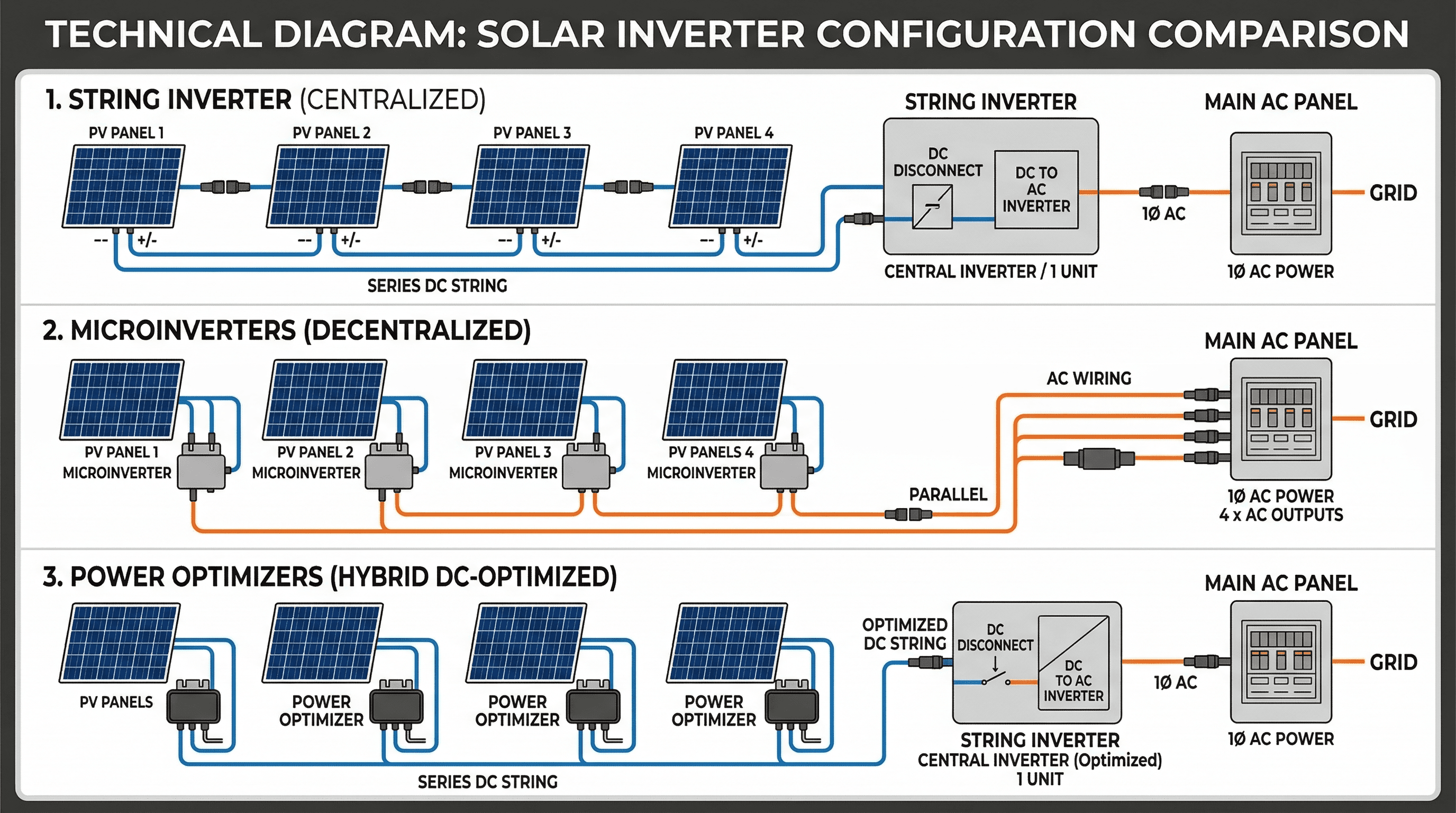 Comparison diagram of string inverter, microinverter, and power optimizer architectures