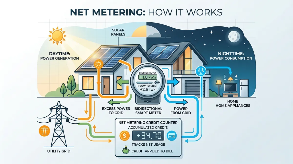 Diagram showing how net metering works: daytime solar export earns credits, nighttime grid draw uses credits