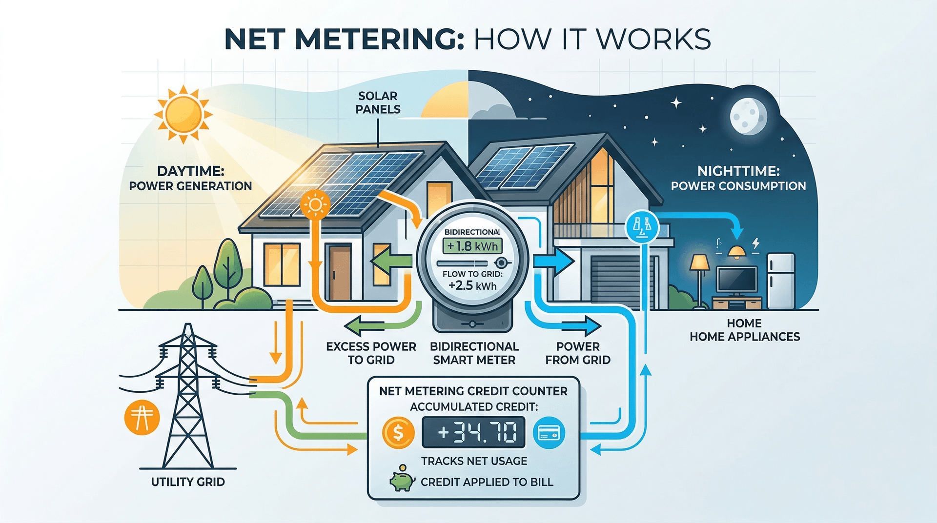 Diagram showing how net metering works: daytime solar export earns credits, nighttime grid draw uses credits