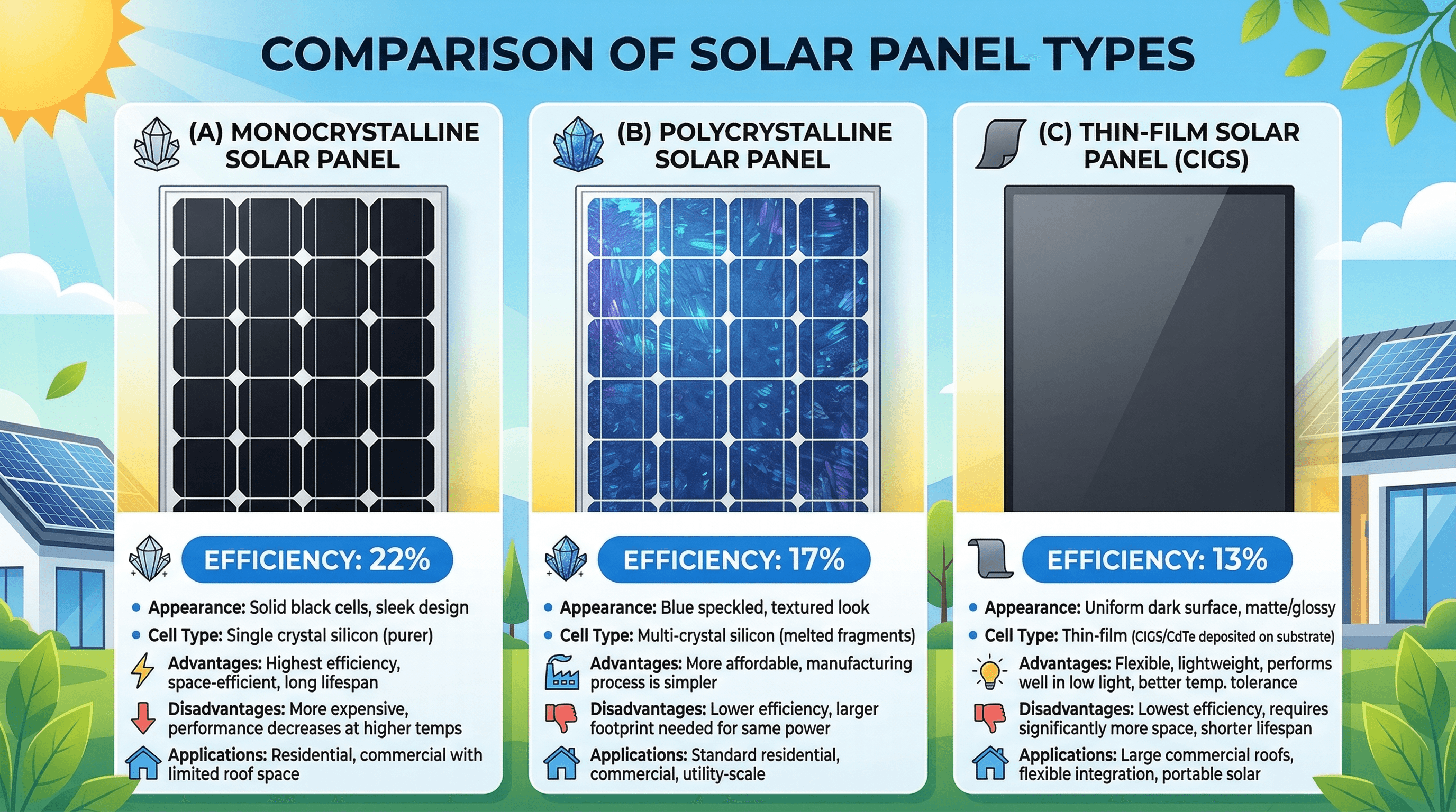 Comparison of monocrystalline, polycrystalline, thin-film, and TOPCon solar panel types