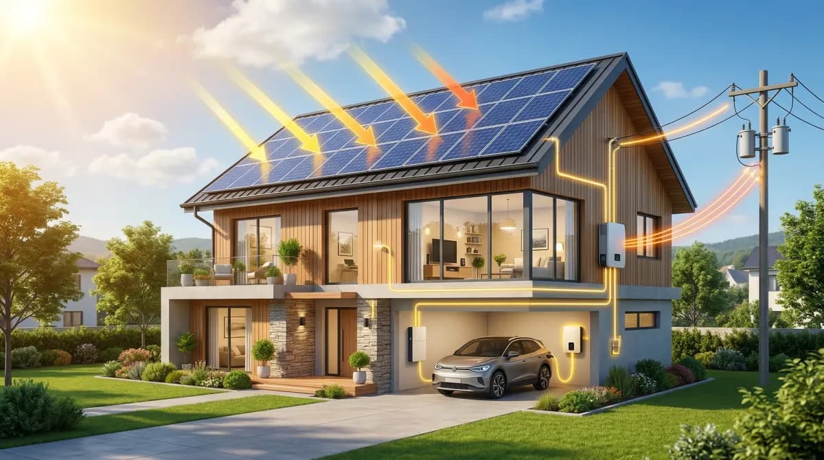 Illustration showing sunlight hitting solar panels on a home roof and converting to electricity