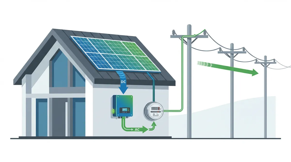 Diagram showing the four components of a home solar system: panels, inverter, meter, and grid