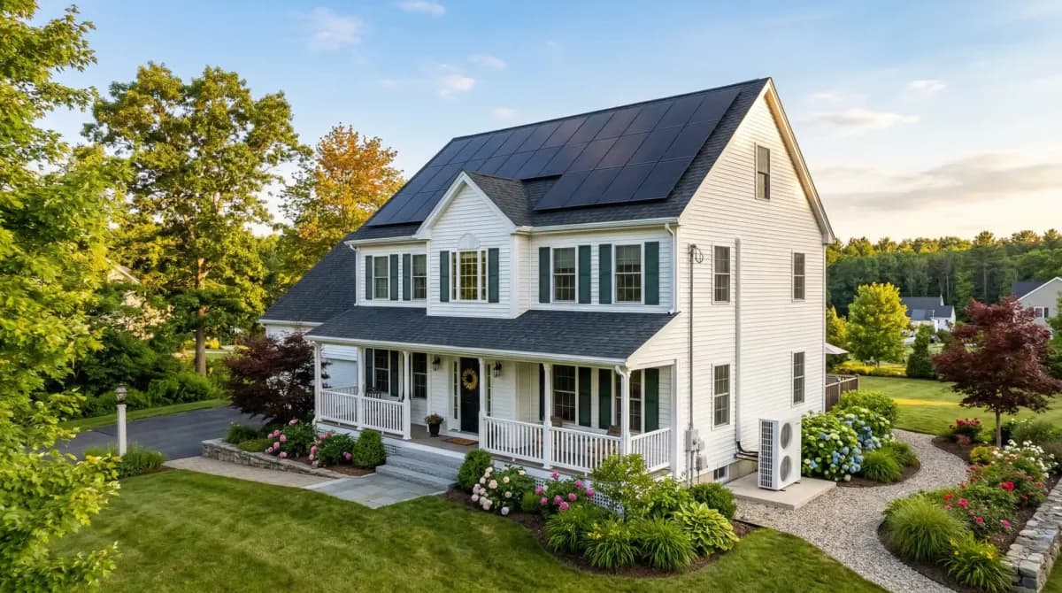 Modern home with solar panels and heat pump condenser — whole-home electrification