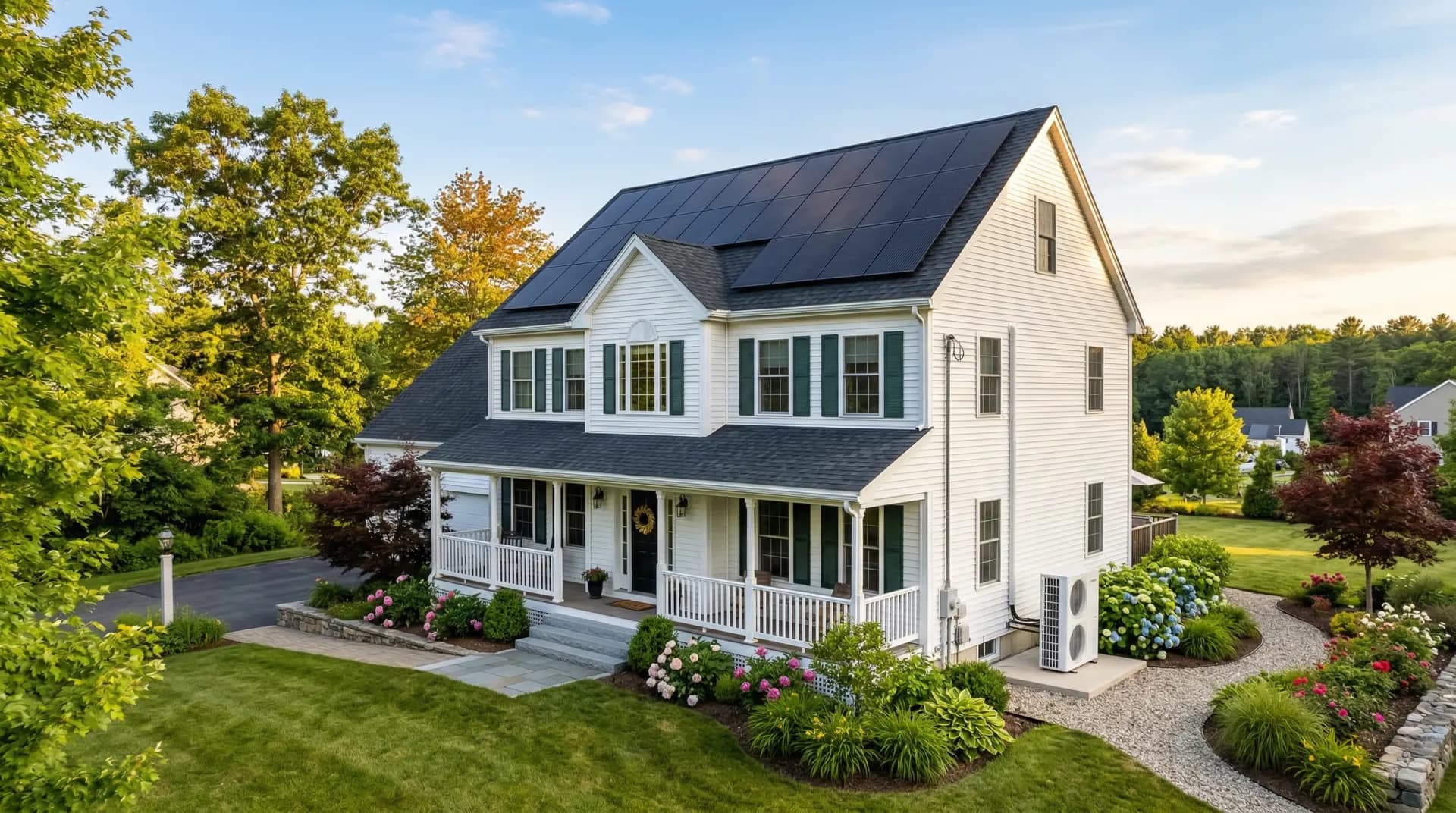 Modern home with solar panels and heat pump condenser — whole-home electrification