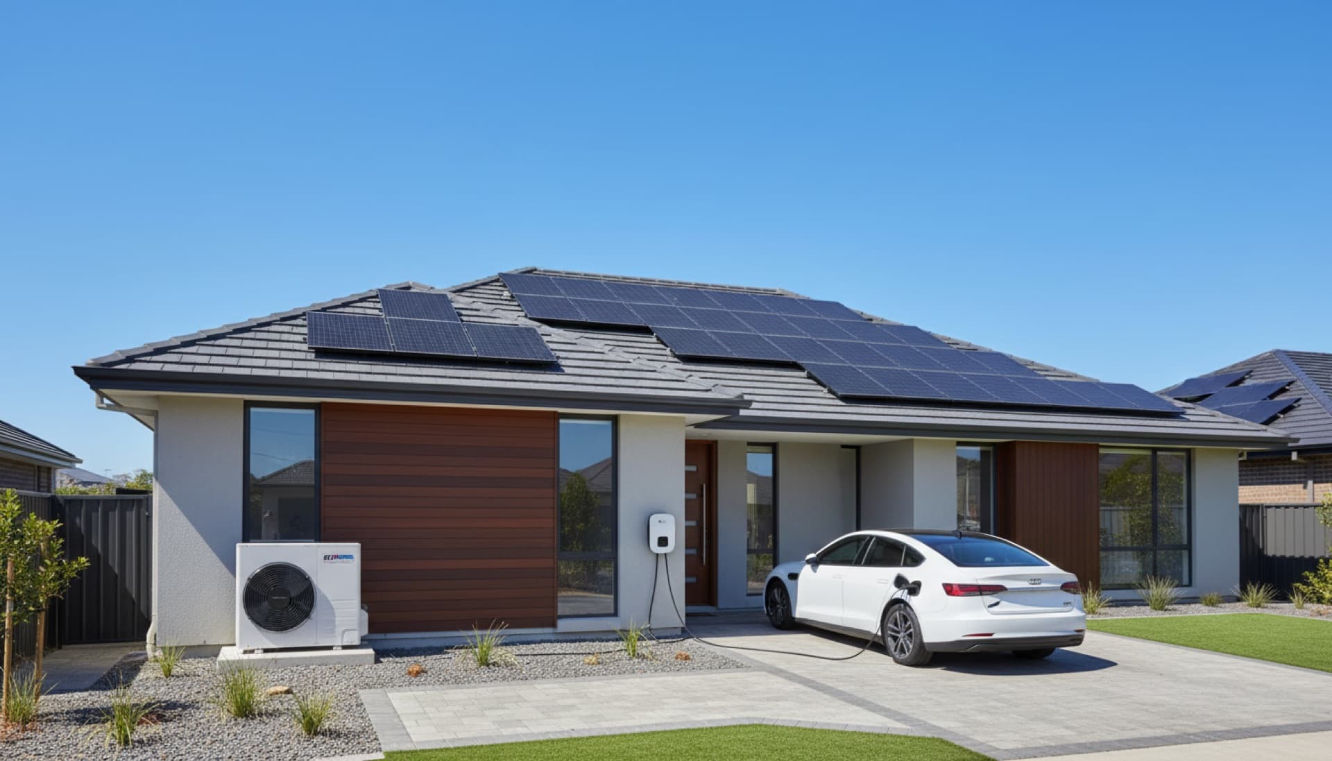 Modern home with solar panels, heat pump, and EV charger bundle