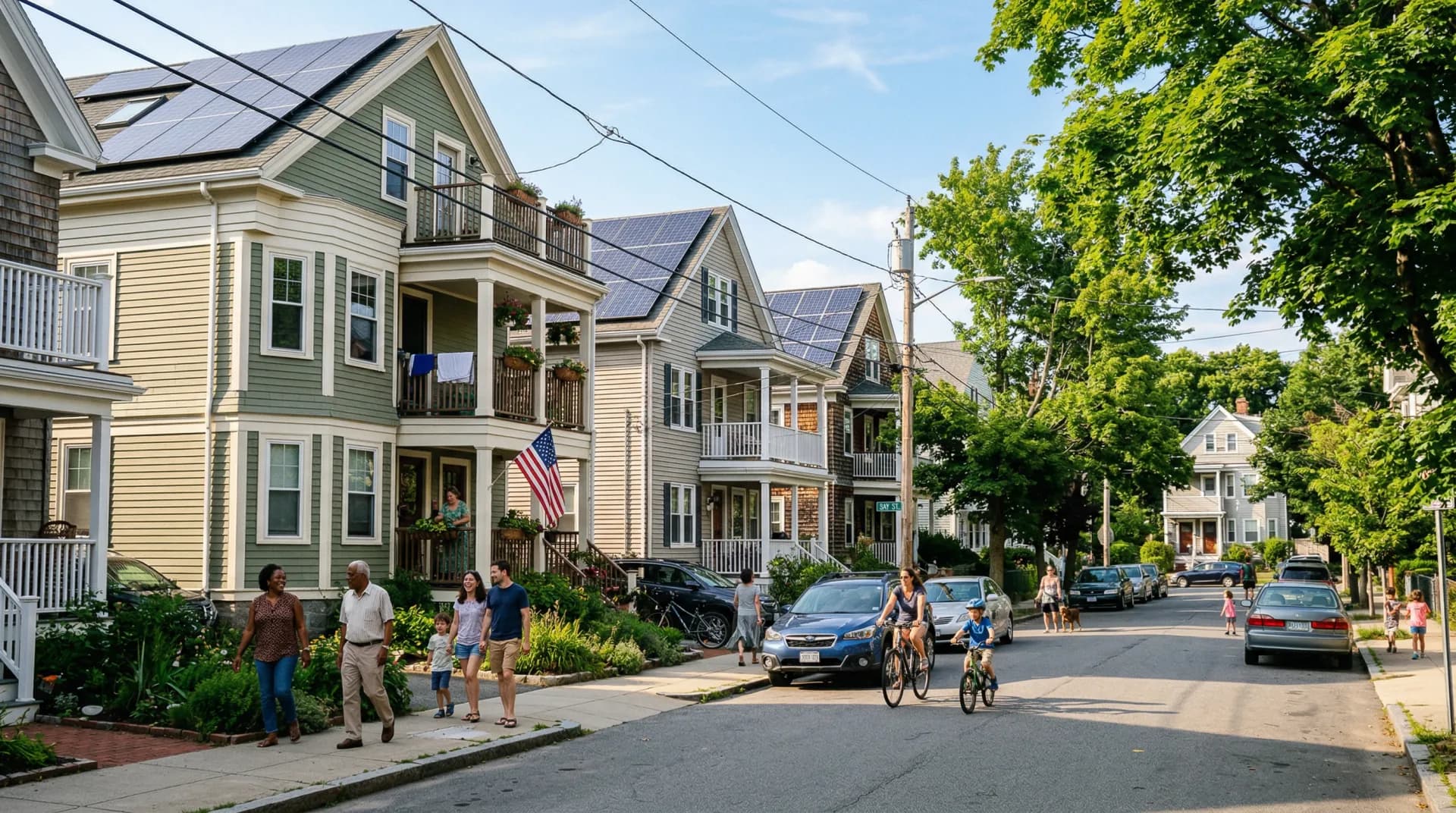 Diverse Massachusetts neighborhood with multi-family homes featuring solar panels