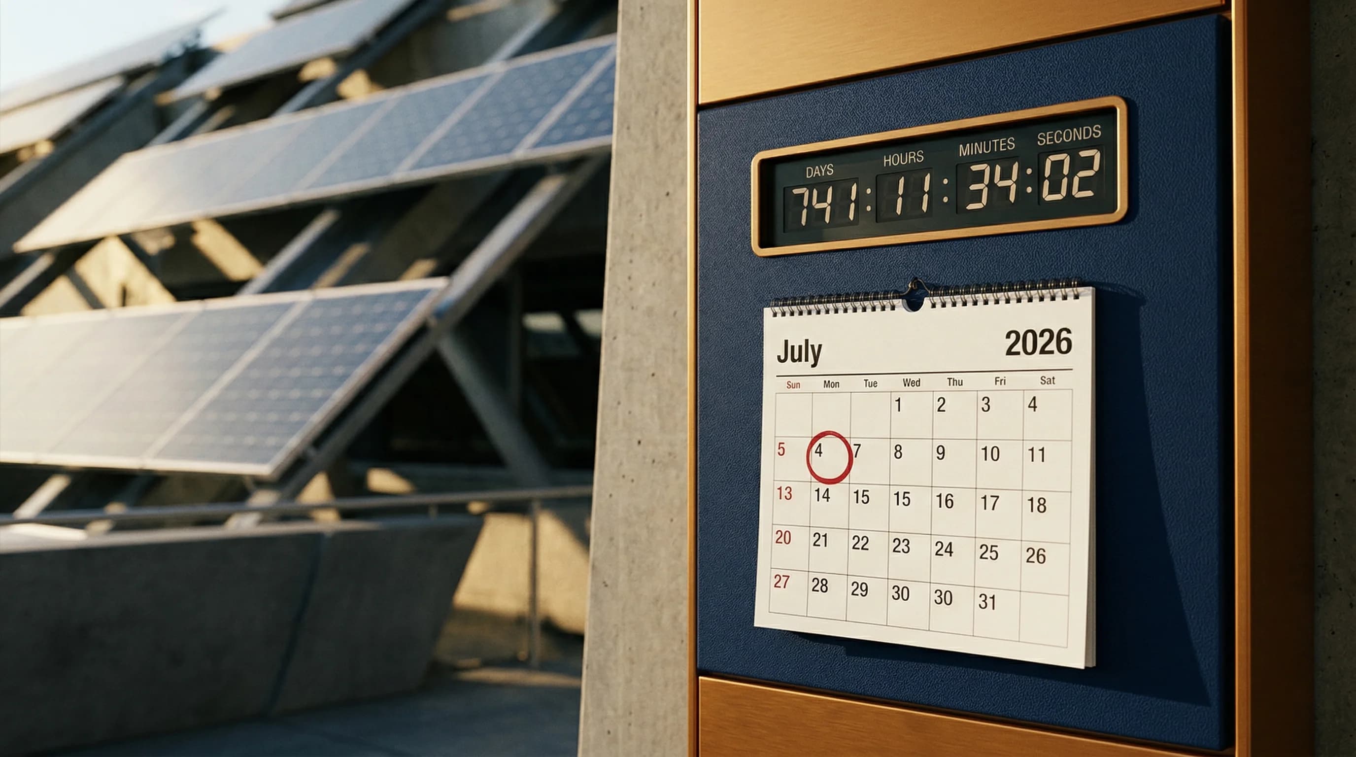 Calendar showing July 4 2026 deadline for Section 48 solar tax credit with countdown urgency
