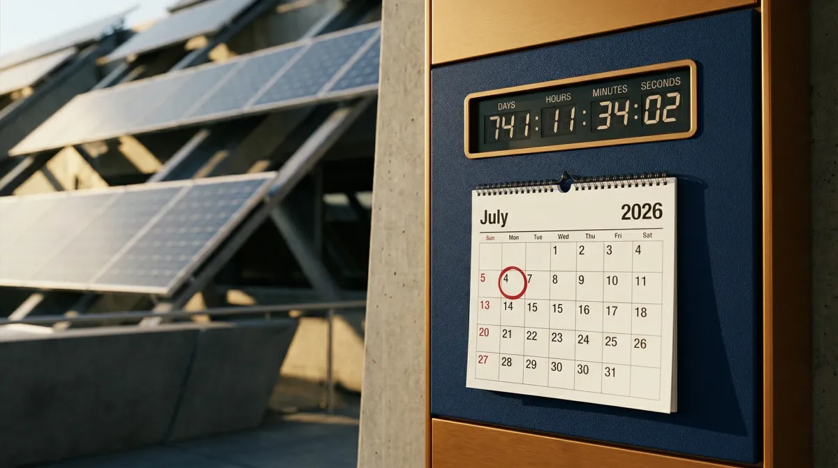 Calendar marking July 4, 2026 — the Section 48 solar tax credit begin-construction safe-harbor date