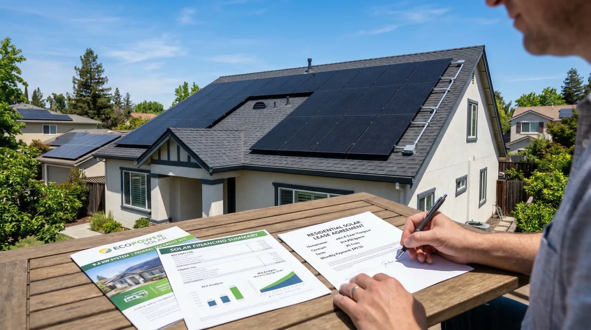 Modern residential solar panel installation on a home rooftop with financial documents and lease agreement