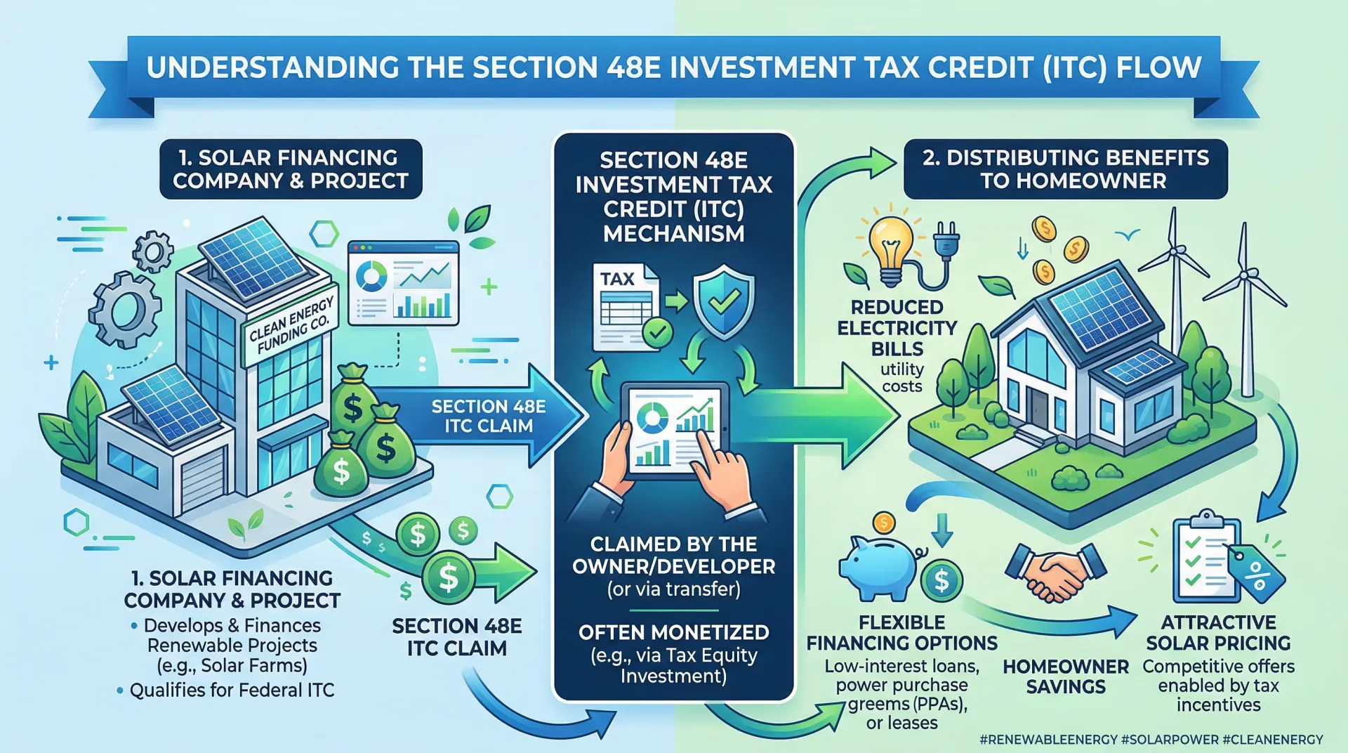 Infographic showing Section 48E Investment Tax Credit flow from solar financing company to homeowner savings