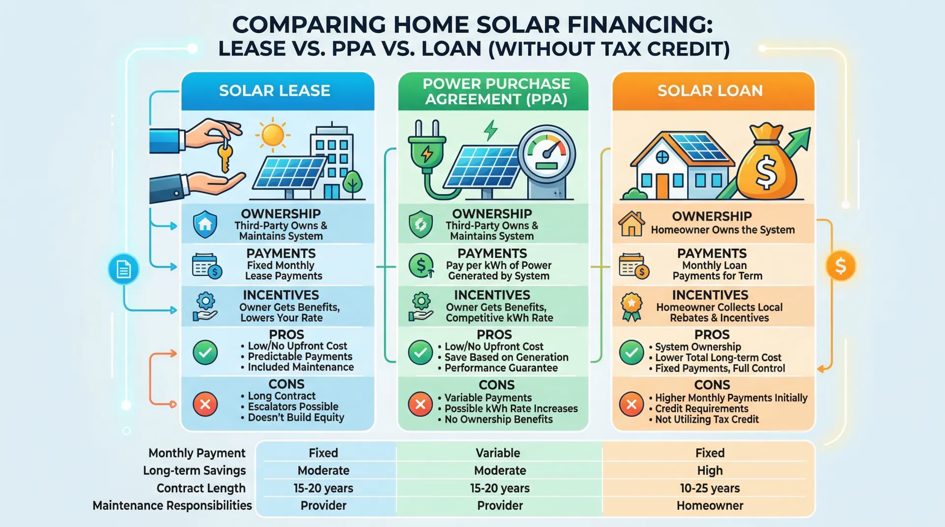 Comparison of solar lease vs PPA vs loan options for homeowners without tax credit in 2026