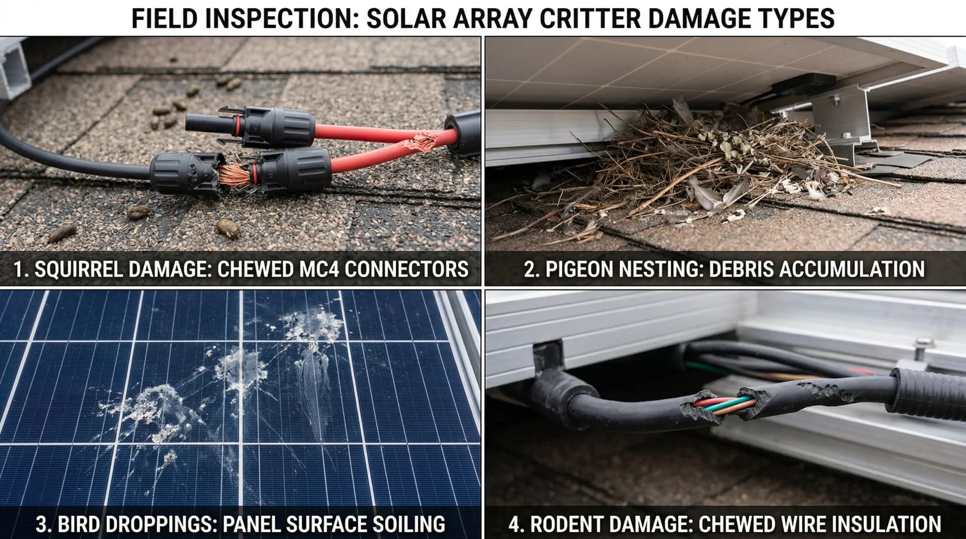 Types of solar panel critter damage in Massachusetts — chewed wires, nesting debris, and droppings