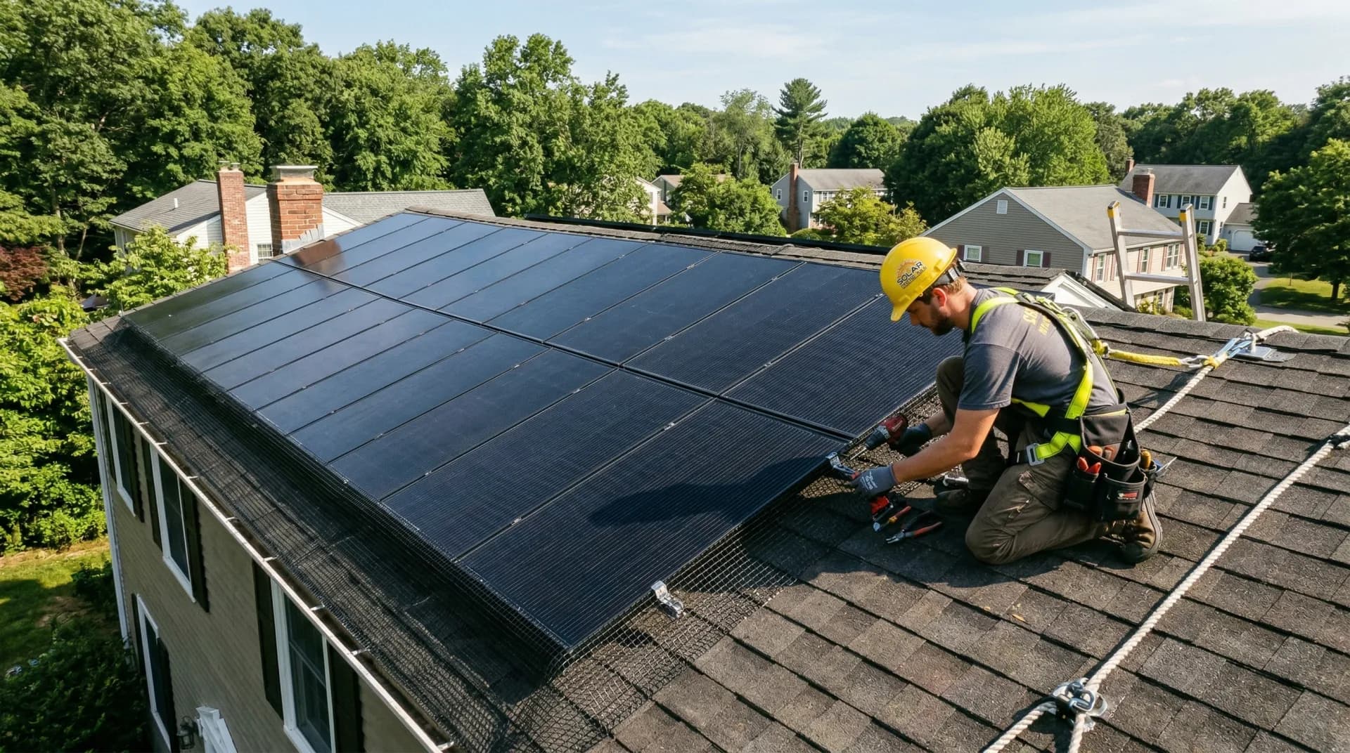 Solar installer clipping critter guard mesh to panel frame edges on a Massachusetts roof