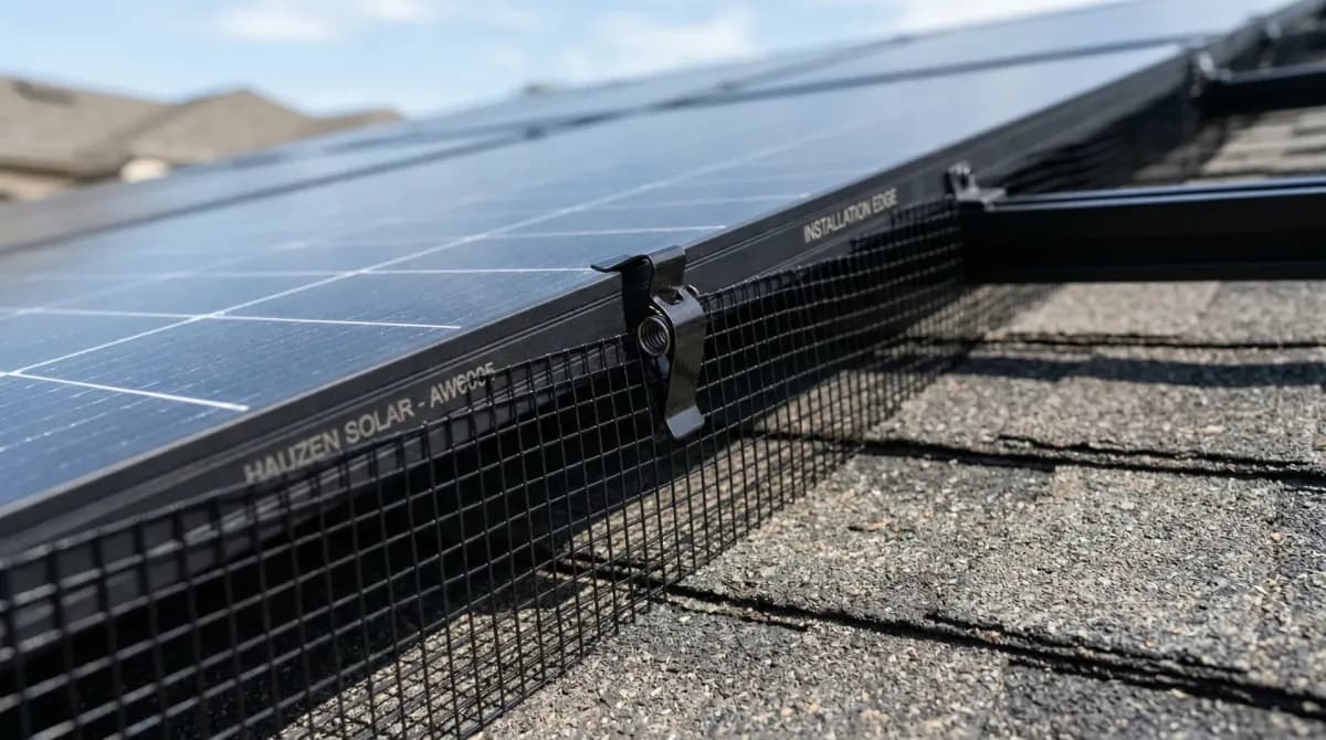 Close-up of solar critter guard mesh being clipped to solar panel frame edge